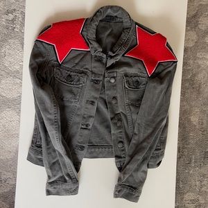 Grey LF Carmar distressed denim jacket with star patches
